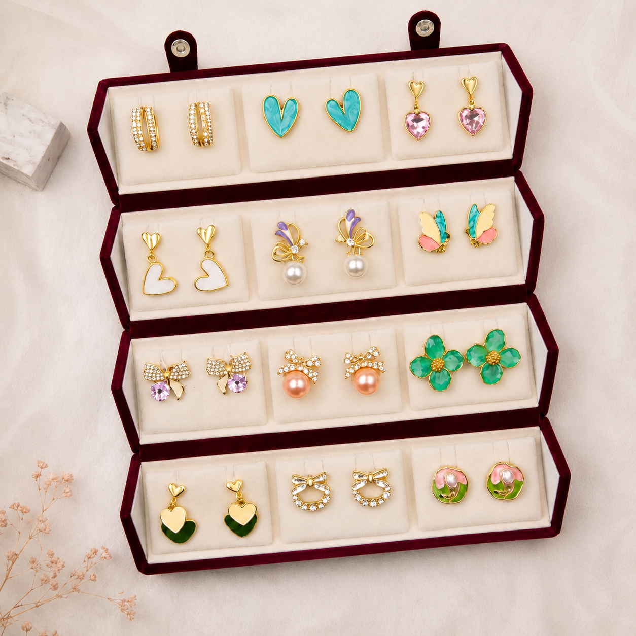 Maroon Velvet Earring Box Only - 12 Pair Organizer
