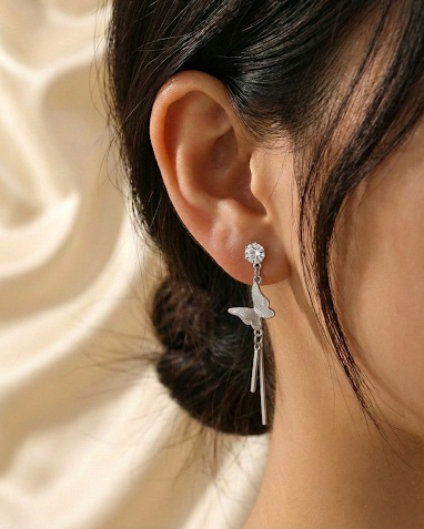 Silver Butterfly Long Drop Earrings for Women