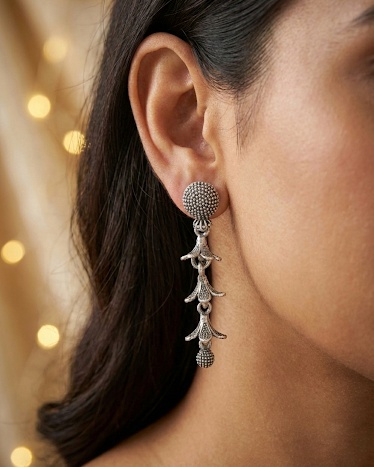Oxidized Silver Long Drop Earrings for Women