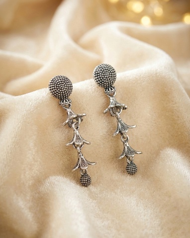 Oxidized Silver Long Drop Earrings for Women