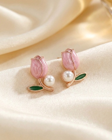 Pink tulip pearl stud earrings