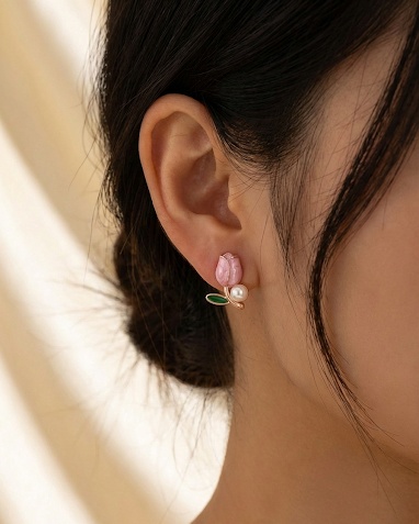 Pink Tulip Pearl Stud Earrings for Women