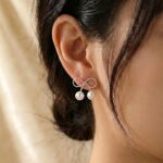 Silver Bow Pearl Drop Earrings for Women