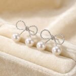 Silver Bow Pearl Drop Earrings for Women