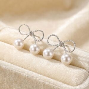 Silver Bow Pearl Drop Earrings for Women