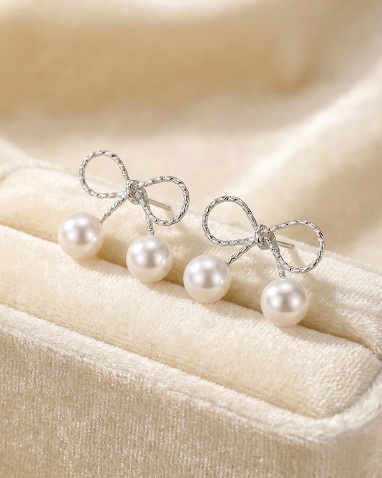Silver Bow Pearl Drop Earrings for Women
