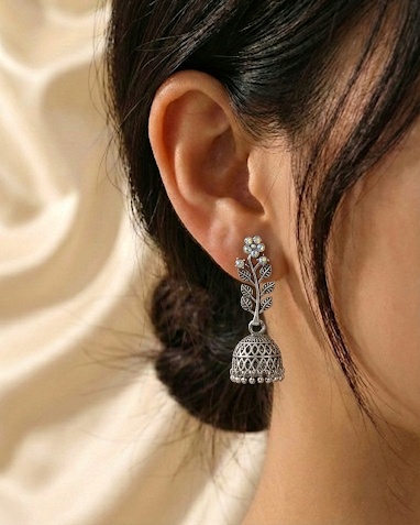 Oxidized Silver Floral Vine Jhumka Earrings