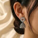 Oxidized Silver Crystal Work Jhumka Earrings for Women