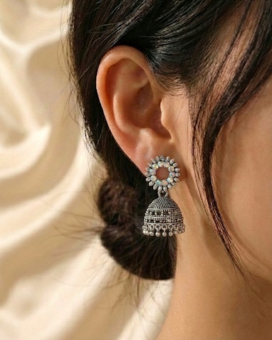 Oxidized Silver Crystal Work Jhumka Earrings for Women