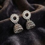 Oxidized Silver Crystal Work Jhumka Earrings for Women