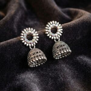 Oxidized Silver Crystal Work Jhumka Earrings for Women