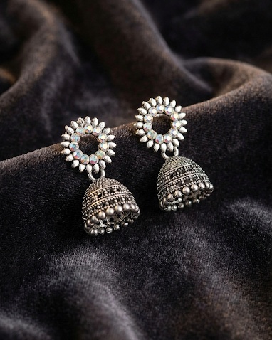 Oxidized Silver Crystal Work Jhumka Earrings for Women