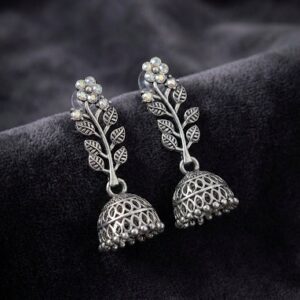 Oxidized Silver Floral Vine Jhumka Earrings