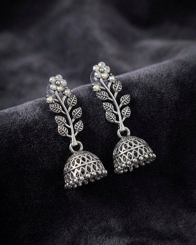 Oxidized Silver Floral Vine Jhumka Earrings