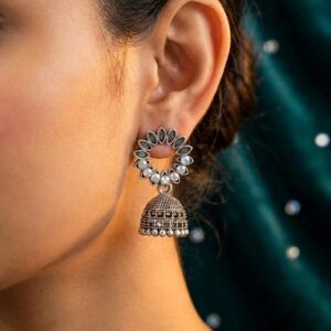 oxidized silver mirror work jhumka earrings with traditional design. Perfect for festive, wedding & ethnic wear.