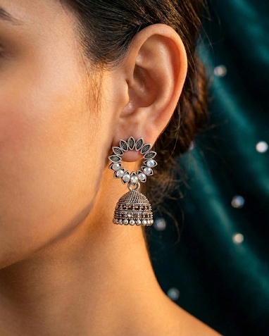 oxidized silver mirror work jhumka earrings with traditional design. Perfect for festive, wedding & ethnic wear.