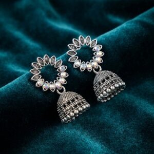 Oxidized Silver Mirror Work Jhumka Earrings for Women