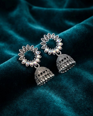 Oxidized Silver Mirror Work Jhumka Earrings for Women
