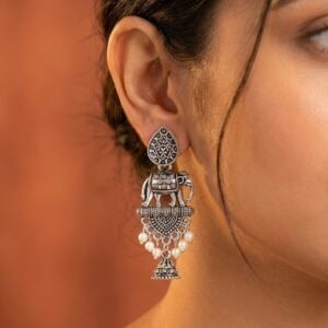 Oxidized Silver Elephant Design Jhumka