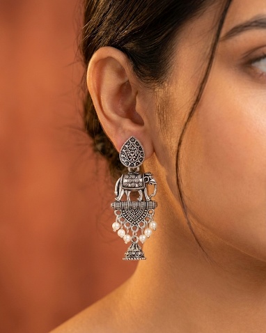 Oxidized Silver Elephant Design Jhumka