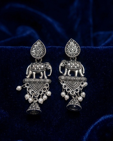 Oxidized Silver Elephant Design Jhumka