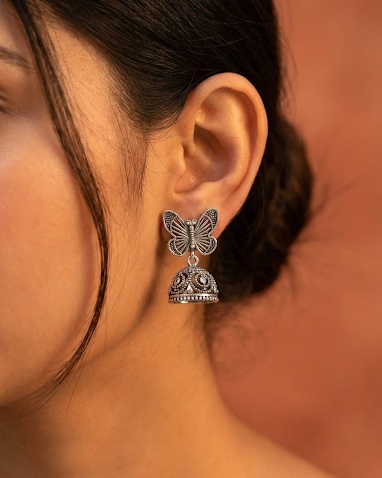 Oxidized Silver Butterfly Jhumka Earrings