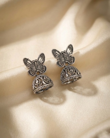 Oxidized Silver Butterfly Jhumka Earrings