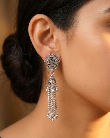 Oxidized Silver Floral Tassel Earrings for Women