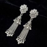 Oxidized Silver Floral Tassel Earrings for Women