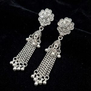 Oxidized Silver Floral Tassel Earrings for Women