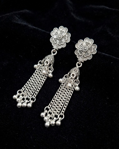 Oxidized Silver Floral Tassel Earrings for Women