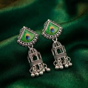 Oxidized Silver Peacock Motif Jhumka Earrings for Women