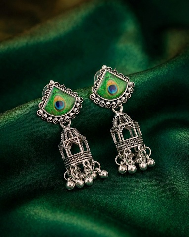 Oxidized Silver Peacock Motif Jhumka Earrings for Women