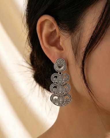 Oxidized Silver Filigree Drop Earrings for Women