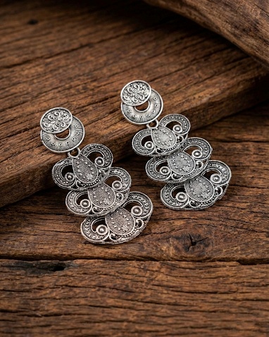Oxidized Silver Filigree Drop Earrings for Women