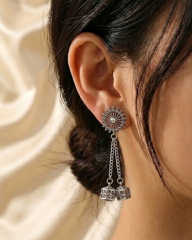 Oxidised Silver Floral Drop Earrings for Women