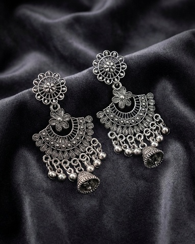 Oxidized Silver Statement Jhumka Earrings for Women