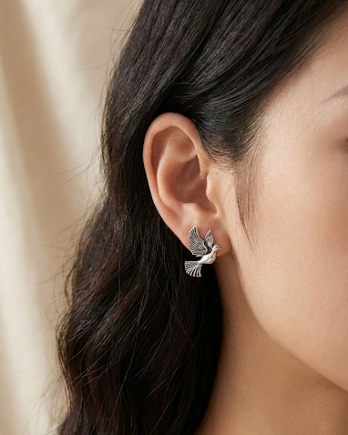 Oxidized silver flying bird stud earrings for women