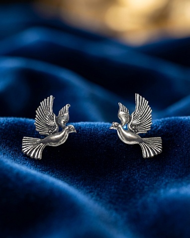 Oxidized silver flying bird stud earrings for women