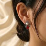 Oxidized Silver Red Stone & Pearl Stud Earrings for Women