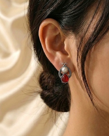 Oxidized Silver Red Stone & Pearl Stud Earrings for Women