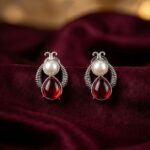 Oxidized Silver Red Stone & Pearl Stud Earrings for Women