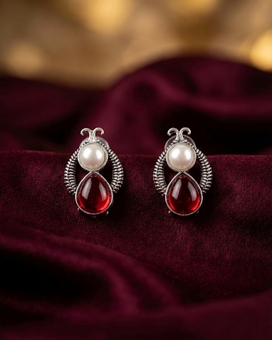 Oxidized Silver Red Stone & Pearl Stud Earrings for Women