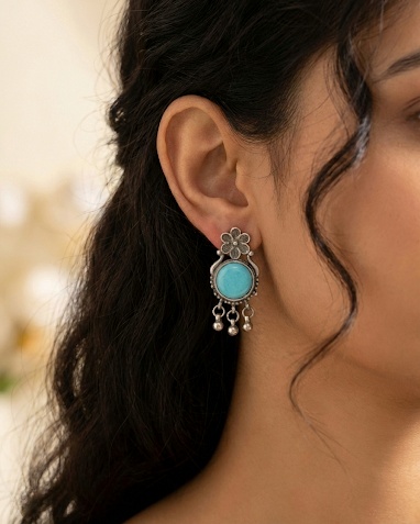 Oxidized Silver Turquoise Stone Drop Earrings