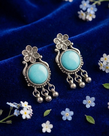 Oxidized Silver Turquoise Stone Drop Earrings
