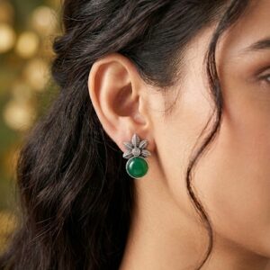 oxidized silver green stone stud earrings with leaf design. Lightweight, minimal & perfect for daily or ethnic wear.