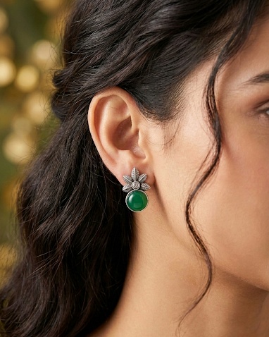 oxidized silver green stone stud earrings with leaf design. Lightweight, minimal & perfect for daily or ethnic wear.