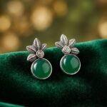 Oxidized Silver Green Stone Stud Earrings