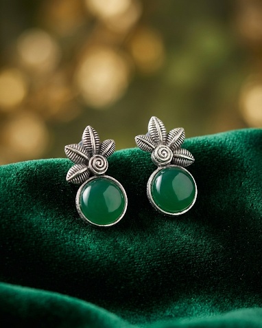 Oxidized Silver Green Stone Stud Earrings