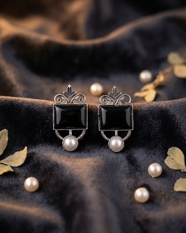 Oxidized Silver Teardrop Black Onyx Stud Earrings for Women